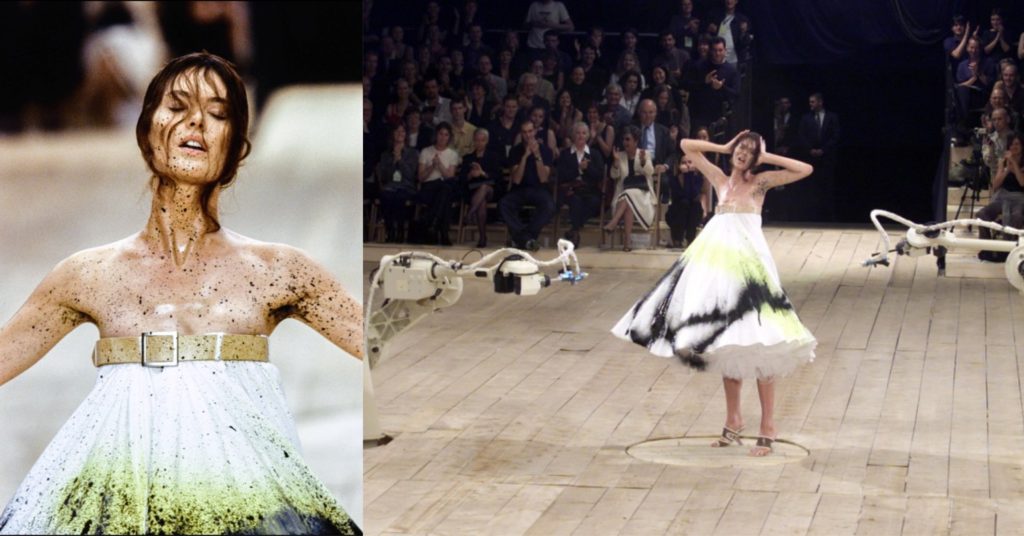 Shalom Harlow being a centerpiece at McQueen’s fashion show SS99.